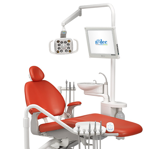 A-dec 500 LED dental light mounted to the Performer support center