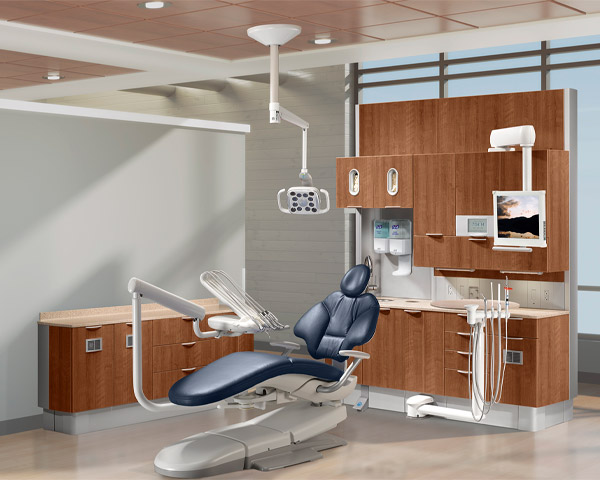 A-dec 400 dental chair with Diplomat blue upholstery and A-dec Inspire dental cabinets