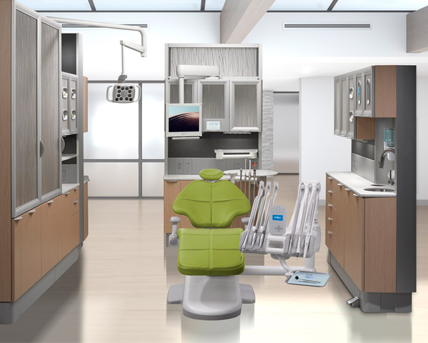 Parrot A-dec 500 dental chair with A-dec 500 delivery system and Inspire dental cabinets 