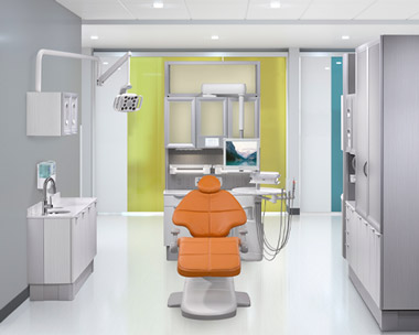 A-dec 500 dental chair with Apricot upholstery and A-dec Inspire dental cabinets thumb