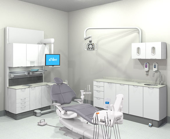 A-dec dental operatory with clinical devices integrated into the delivery system